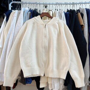 Cream Knit Bomber Jacket Zip Up Sweater